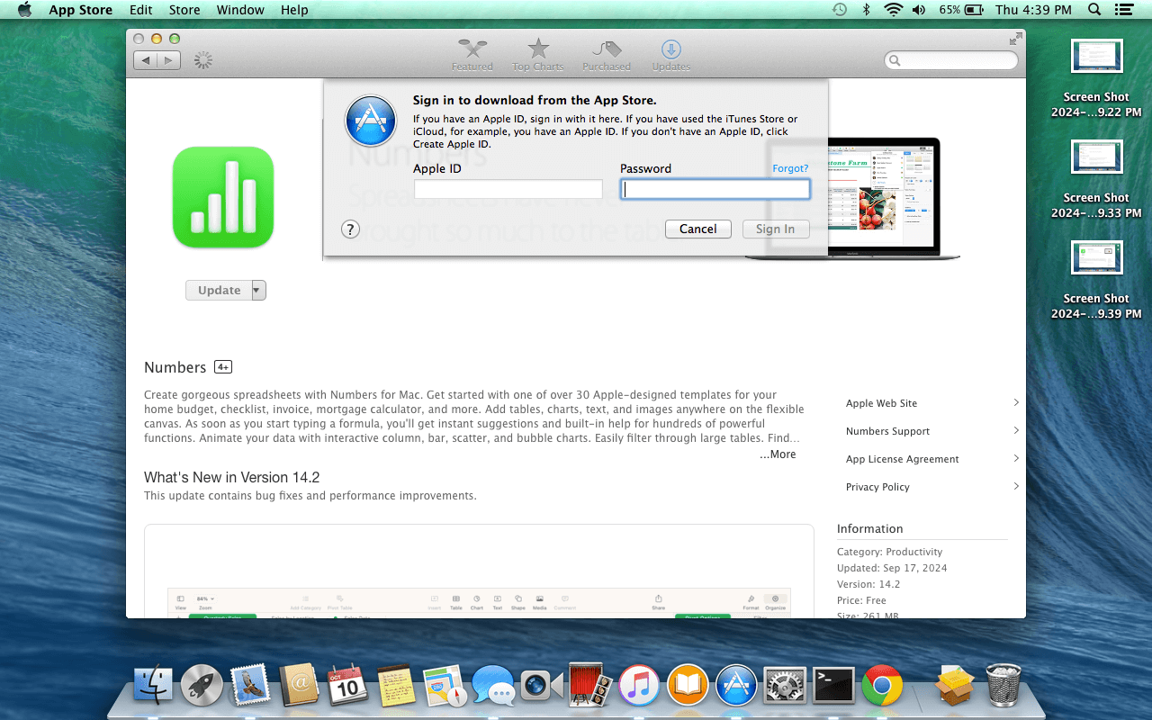An image of the App Store page for the Numbers app, showing the sign-in dialog, after having clicked the Update button.